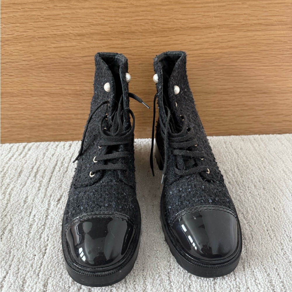 CHANEL Black Tweed Combat Boots NWOT